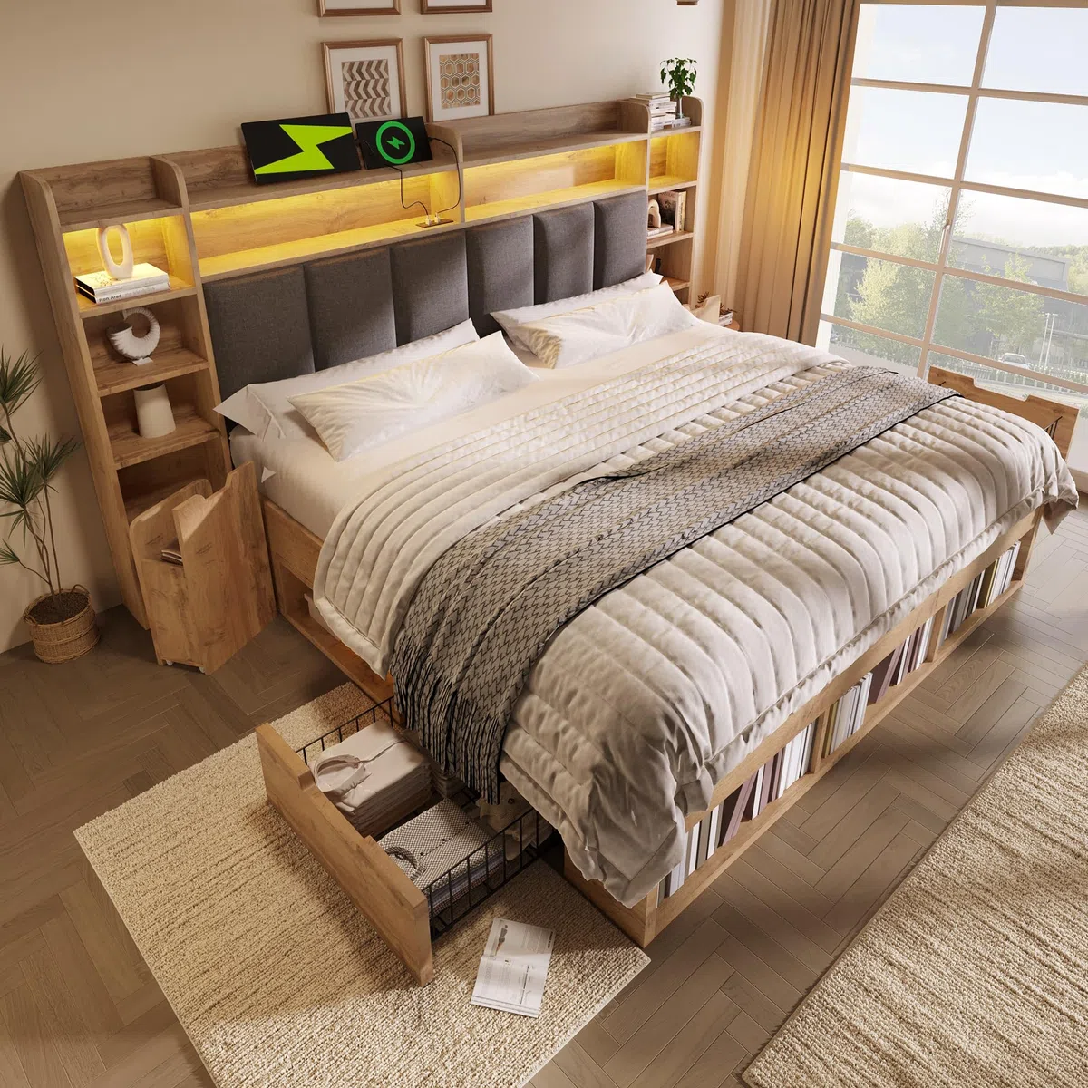 DRIXNO 180x200 cm Doppelbett-Systembett, Bettgestell mit LED-Beleuchtung, Nachttische mit USB- und Type-C-Anschlüssen,Bettrahmen mit Stauraum und Rollschubladen, Lattenrost aus Holz, Ohne Matratze