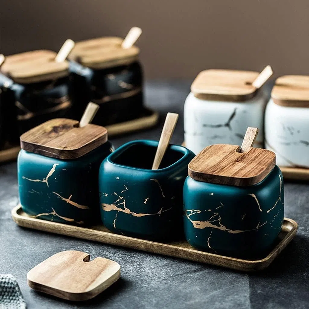 SAeWare Gewürzbox aus Keramik, Zuckerdose, Gewürzbehälter-Set mit Löffel und Deckel, Gewürzbehälter, Grün