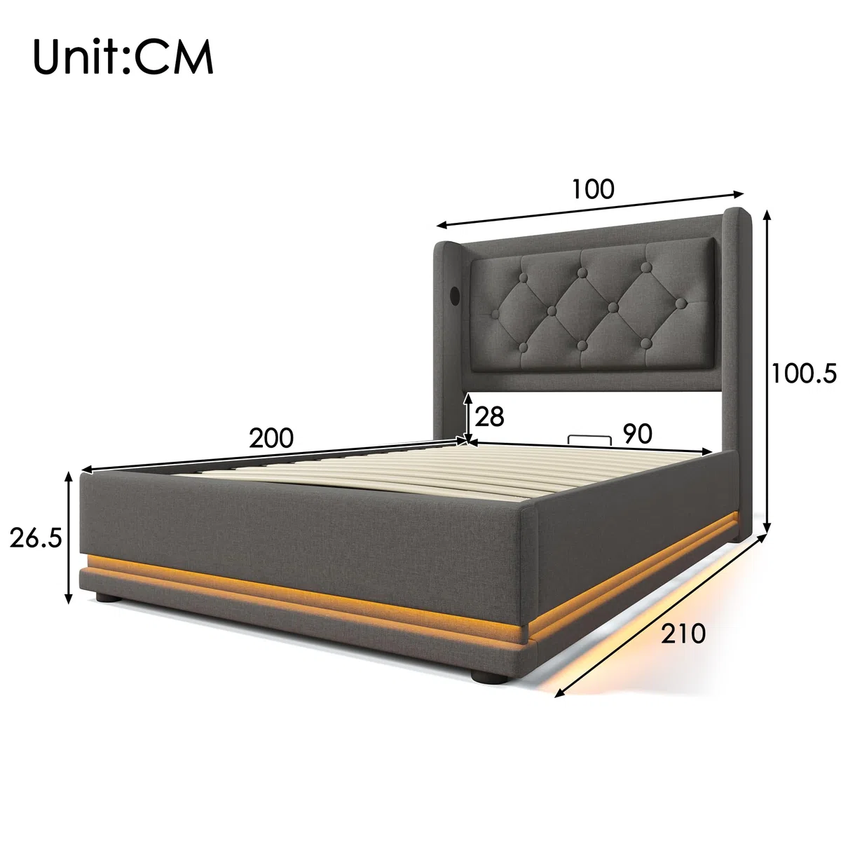 Kayan Polsterbett Stauraumbett Hydraulisches Bettgestell Einzelbett 90x200cm, Bett mit LED Beleuchtung, Gepolstertes Kopfteil mit USB Typ-C Ladefunktion, Ohne Matratze (Grau, 90x200cm)