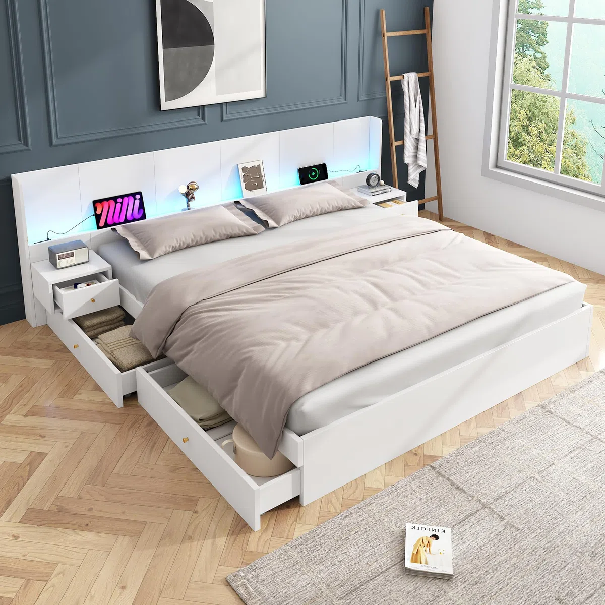 Ymkua Doppelbett 180x200cm, Stauraumbett Holzbett mit LED-Leuchten und 2 Schubladen, Bettgestell mit USB-Port und 2 Nachttische, Jugendbett Bett mit Kopfteil und Lattenrost, Weiß, ohne Matratze