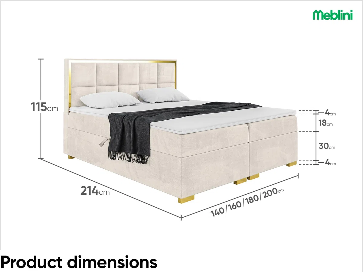 MEBLINI Boxspringbett mit Bettkasten - 200x200 - Gepolstert Doppelbett mit Matratze und Topper - Polsterbett mit Stauraum - Bett mit Kopfteil - Dani Gold - H4/Creme Samt